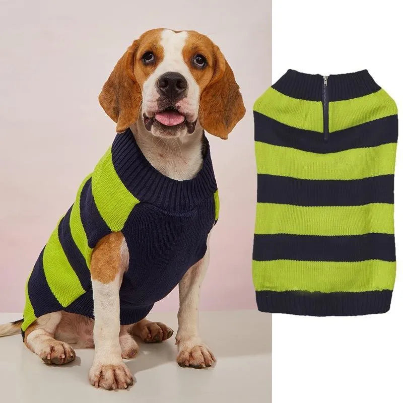 Grey dog sweater with side zipper and chest pocket on a small dog.