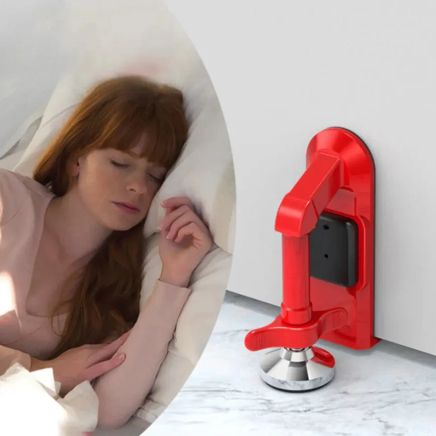 Aluminium alloy portable door lock security device placed under a door handle.