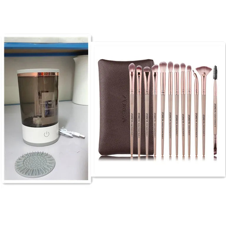 Grey and white portable electric makeup brush cleaner machine with USB charging cable