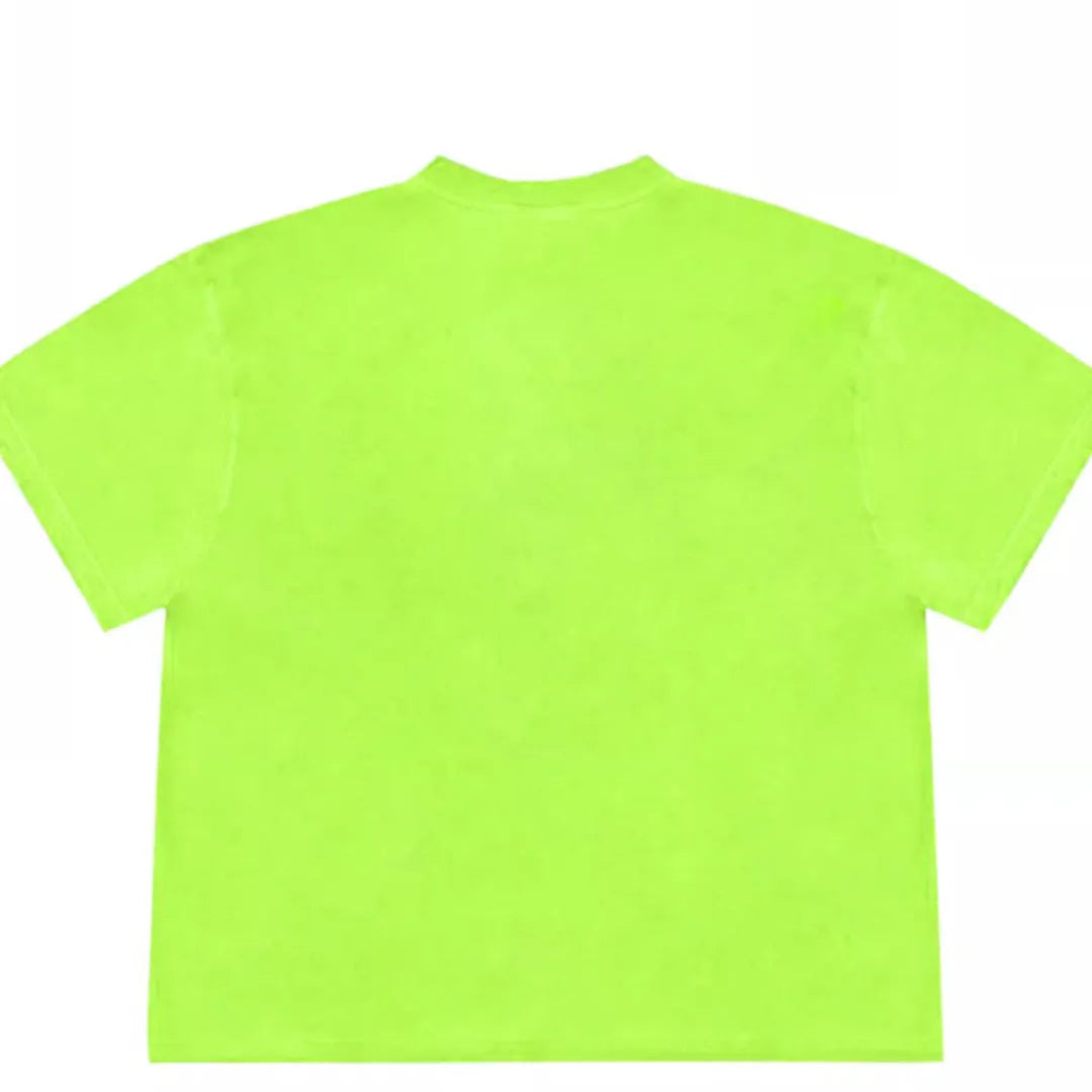 A loose-fit blueberry patchwork short-sleeve T-shirt on a hanger, showing plant and flower designs.