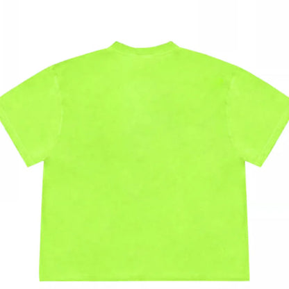 A loose-fit blueberry patchwork short-sleeve T-shirt on a hanger, showing plant and flower designs.