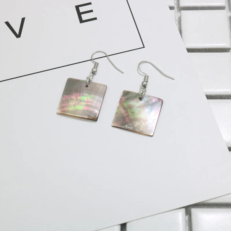 Women's geometric shell earrings in square panther or rectangular shell designs with natural retro style