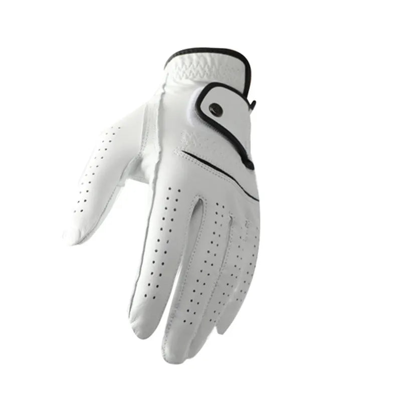White half sheepskin golf glove showing non-slip grip surface