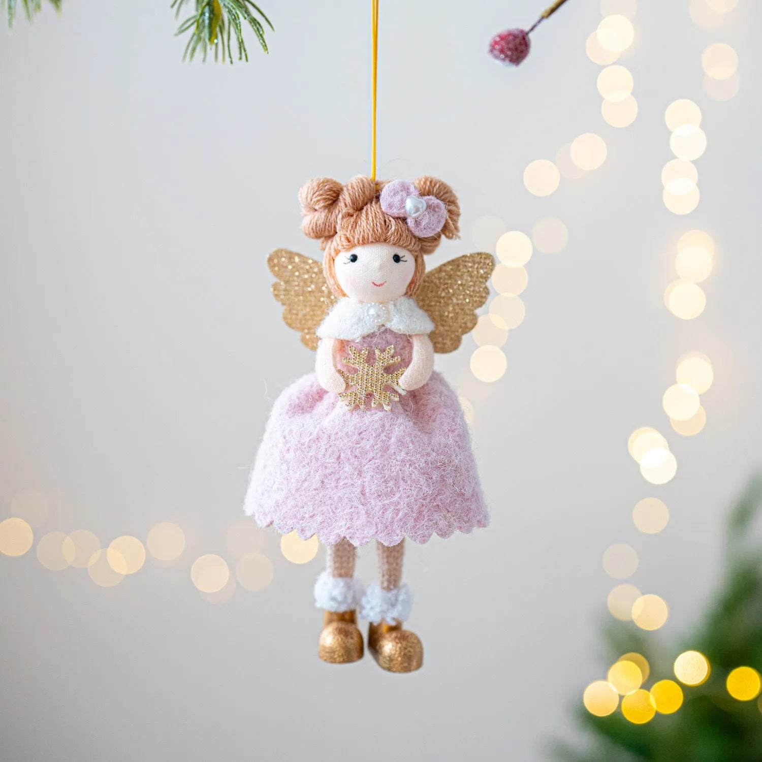 Pink and white cloth angel wings Christmas plush pendant decoration with hanging cord