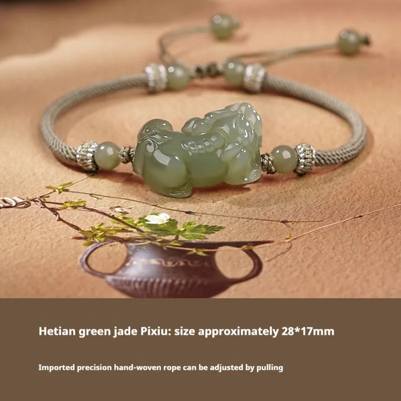 Hetian jade bracelet with black and red adjustable ropes in traditional Chinese design