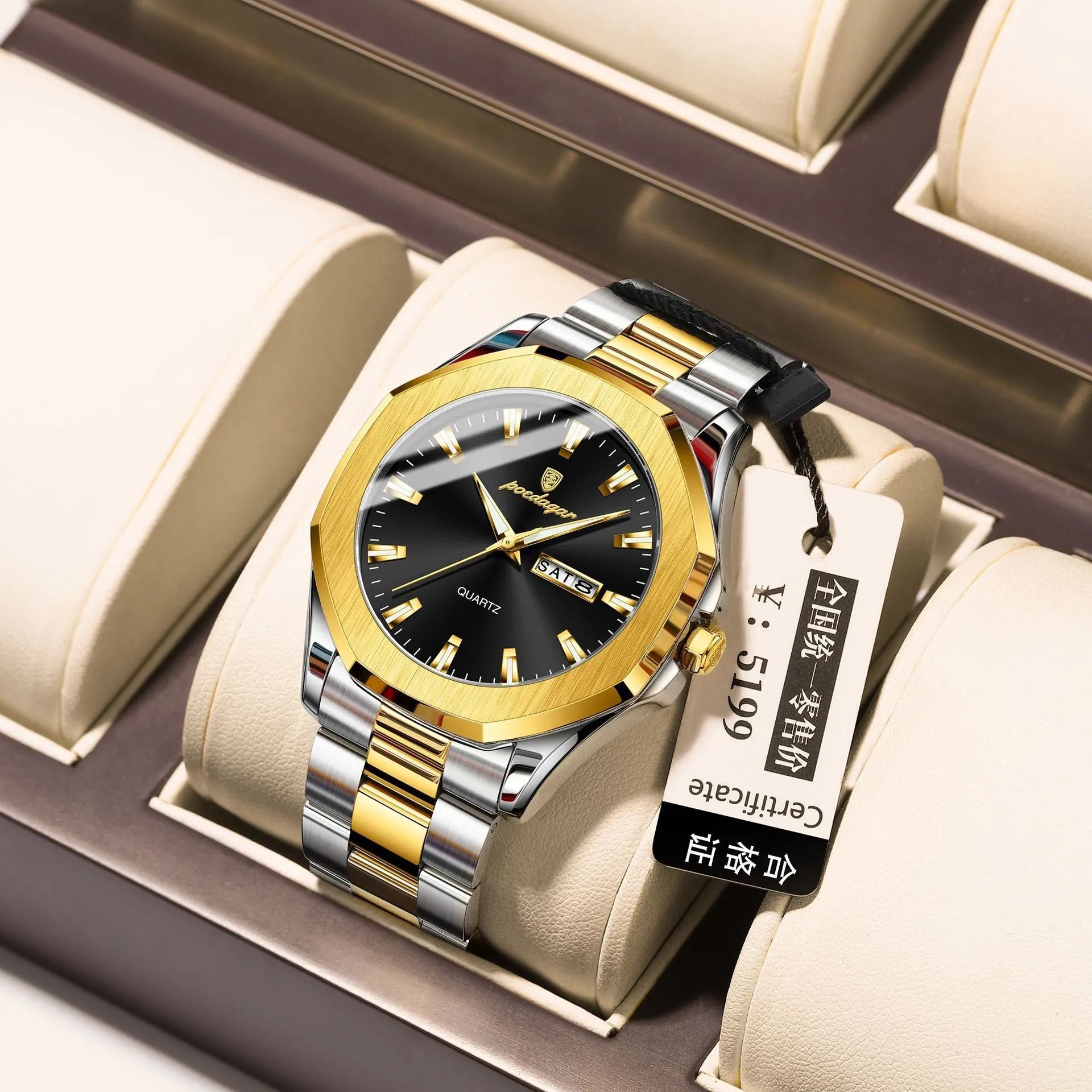 Men's steel strap quartz watch with 9mm thick case in a business style, showing colour options.