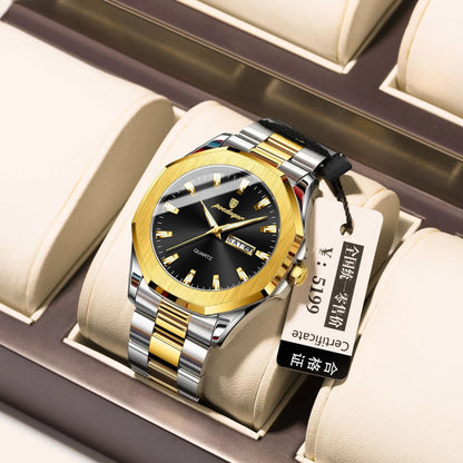 Men's steel strap quartz watch with 9mm thick case in a business style, showing colour options.