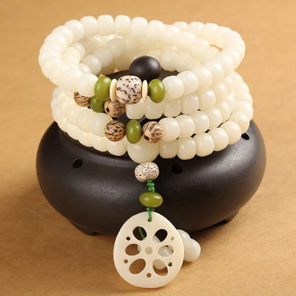 White jade Bodhi beads bracelet with 6x8mm beads in multiple decorative styles for men and women