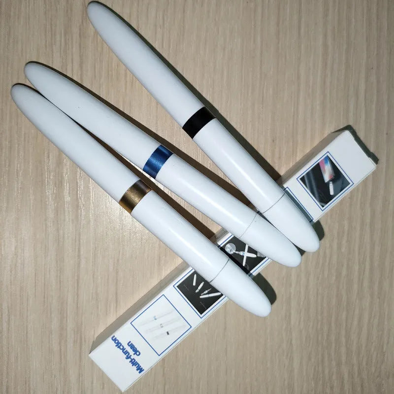 Blue headphone cleaning pen with metal tip, brush, and flocking sponge for electronics