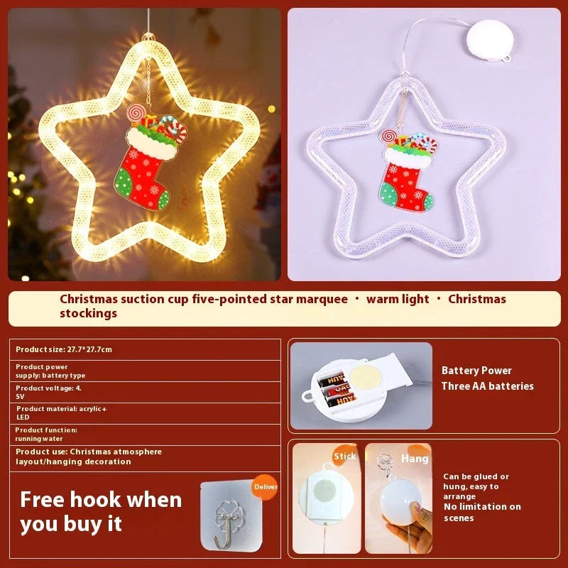 Festive LED Christmas star pendant light with five-point design, perfect for holiday decorations on windows, doors, and more