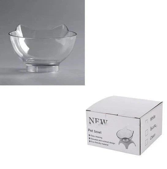 Tilted cat and dog bowls with raised stand, designed to reduce neck strain and protect cervical vertebrae.