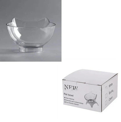 Tilted cat and dog bowls with raised stand, designed to reduce neck strain and protect cervical vertebrae.