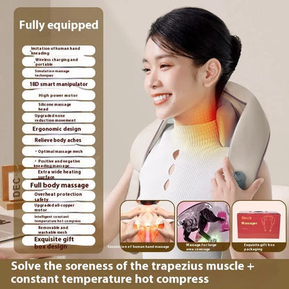 Blue foldable electric neck and back massager with rechargeable battery on a table.