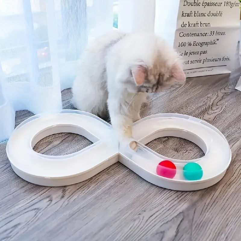 Interactive cat turntable track toy with ball system and teasing stick for feline enrichment