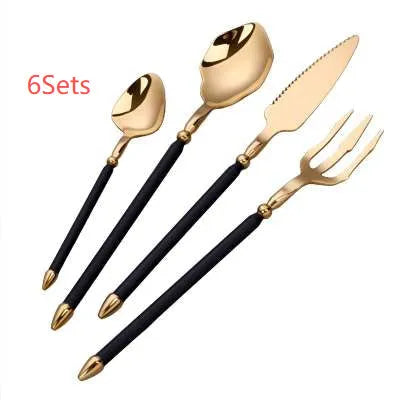 Stainless steel knife, fork, and two spoons set in a choice of seven metallic colour finishes.