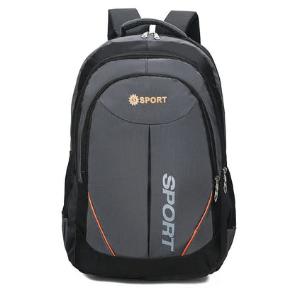 Large black nylon backpack with curved shoulder straps and letter detailing, shown from the side.