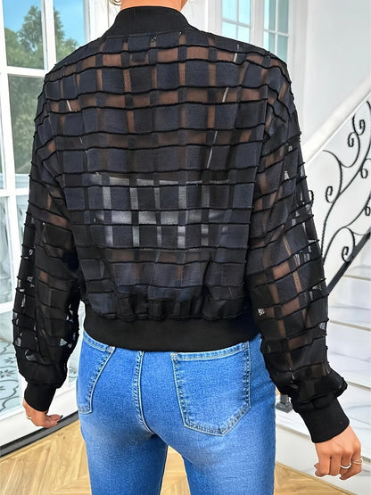 Black women's casual jacket with geometric pattern, long sleeves, and a full front zip.