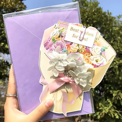Handmade 3D butterfly greeting card with stand-up artificial flowers on coated paper, 16x10.5cm