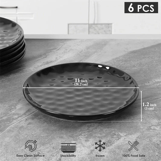 Elegant black ceramic dinner plate set with hammered design, perfect for parties and family dinners.