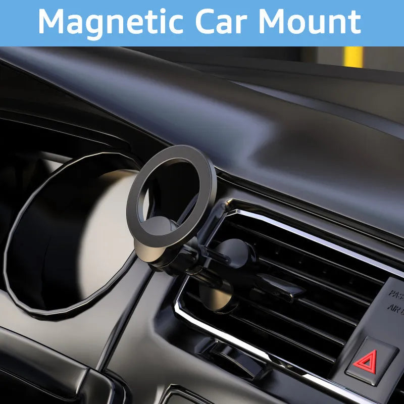 Black magnetic car air vent phone holder with silicone O-ring mounted on car vent slats.