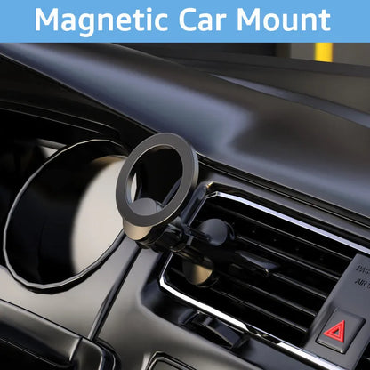 Black magnetic car air vent phone holder with silicone O-ring mounted on car vent slats.