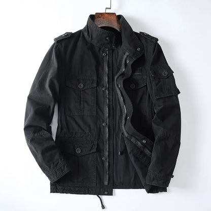 Men's loose-fit cotton zip jacket in light brown colour on a hanger, showing stand collar and front zip.