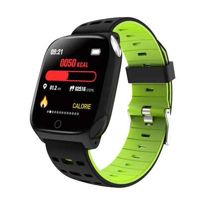 F16 smart watch with ECG and blood pressure monitor on a silicone wristband, showing the 43mm IPS screen.