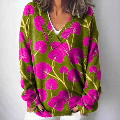 Women's V-neck sweatshirt with a detailed 3D floral pattern print in art retro style.