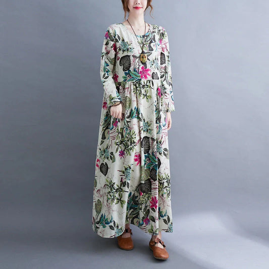Elegant plus size printed cotton blend dress for women, stylish and comfortable