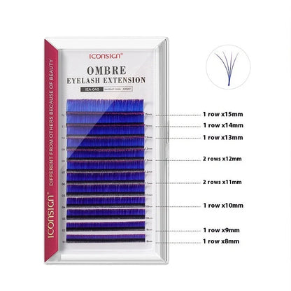 Single graft gradient coloured eyelashes showing four colour options with 8-15mm mixed lengths on fibre material