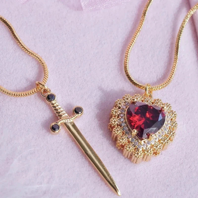 Gothic Punk Heart Dagger Couple Necklace with sparkling red rhinestones