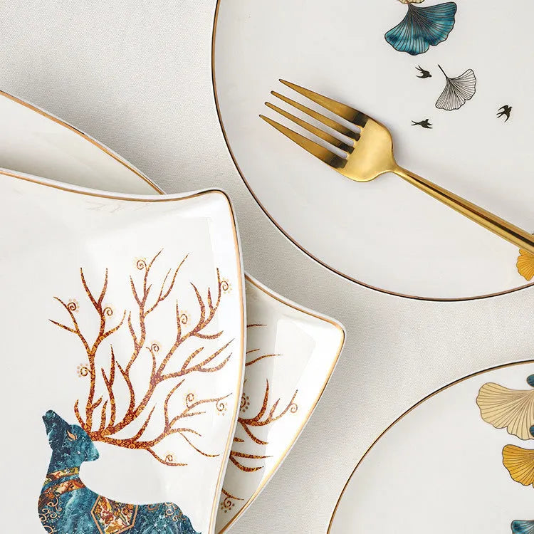 Round porcelain dinner plate with Nordic plant and flower design, flat disk shape, glaze colour finish