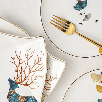 Round porcelain dinner plate with Nordic plant and flower design, flat disk shape, glaze colour finish