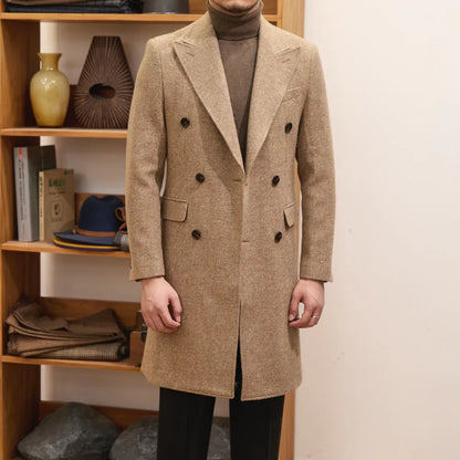 Brown double-breasted slim men's jacket with side seam pockets and straight hem