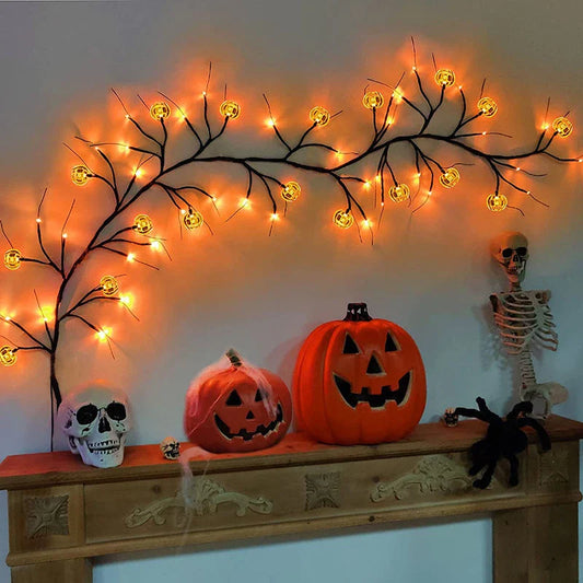 Enchanting Halloween vine lights with playful bat and pumpkin designs, creating a mesmerizing holiday display
