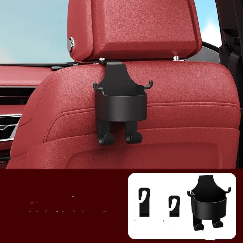 Black plastic car seat back organiser with cup holder and hook functionality