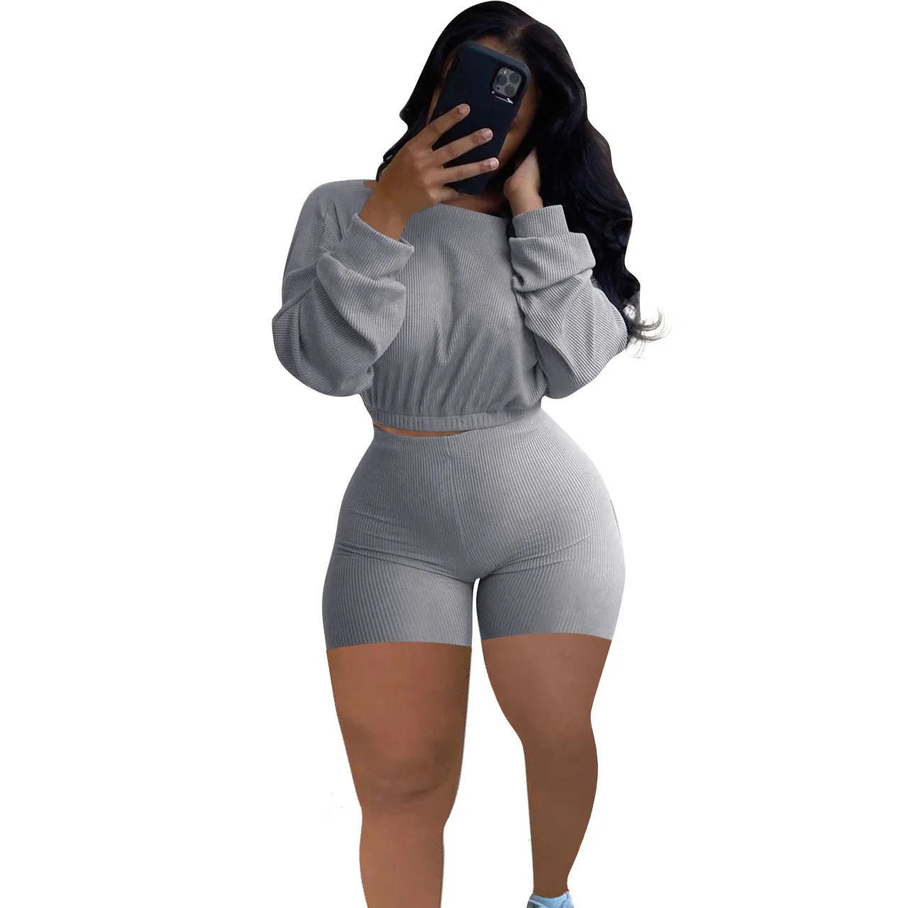 Women's sunken stripe off-the-shoulder two-piece set with long sleeves and matching shorts