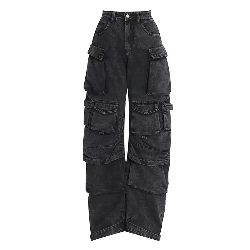 Blue high waist wide leg denim trousers with multiple pockets on a mannequin