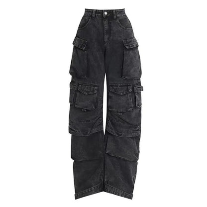 Blue high waist wide leg denim trousers with multiple pockets on a mannequin