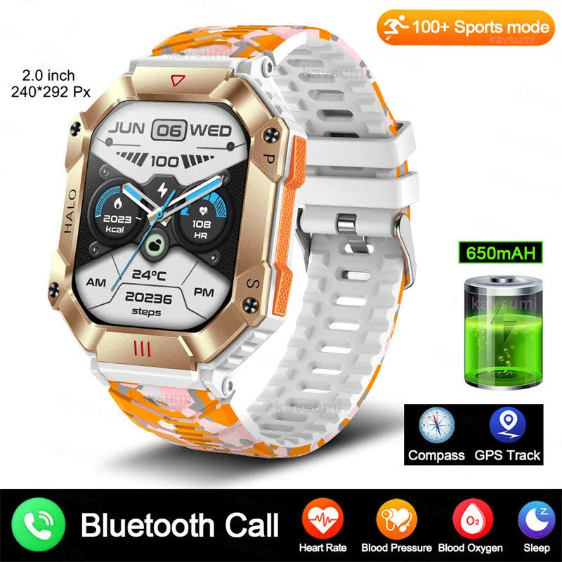 Android GPS smart watch for women with a titanium alloy case shown on a wrist, featuring a resin dial and a black camouflage strap.