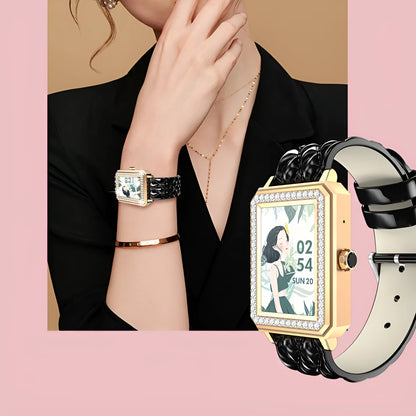 Women's smart bracelet with leather strap showing 1.65-inch HD screen displaying health data.