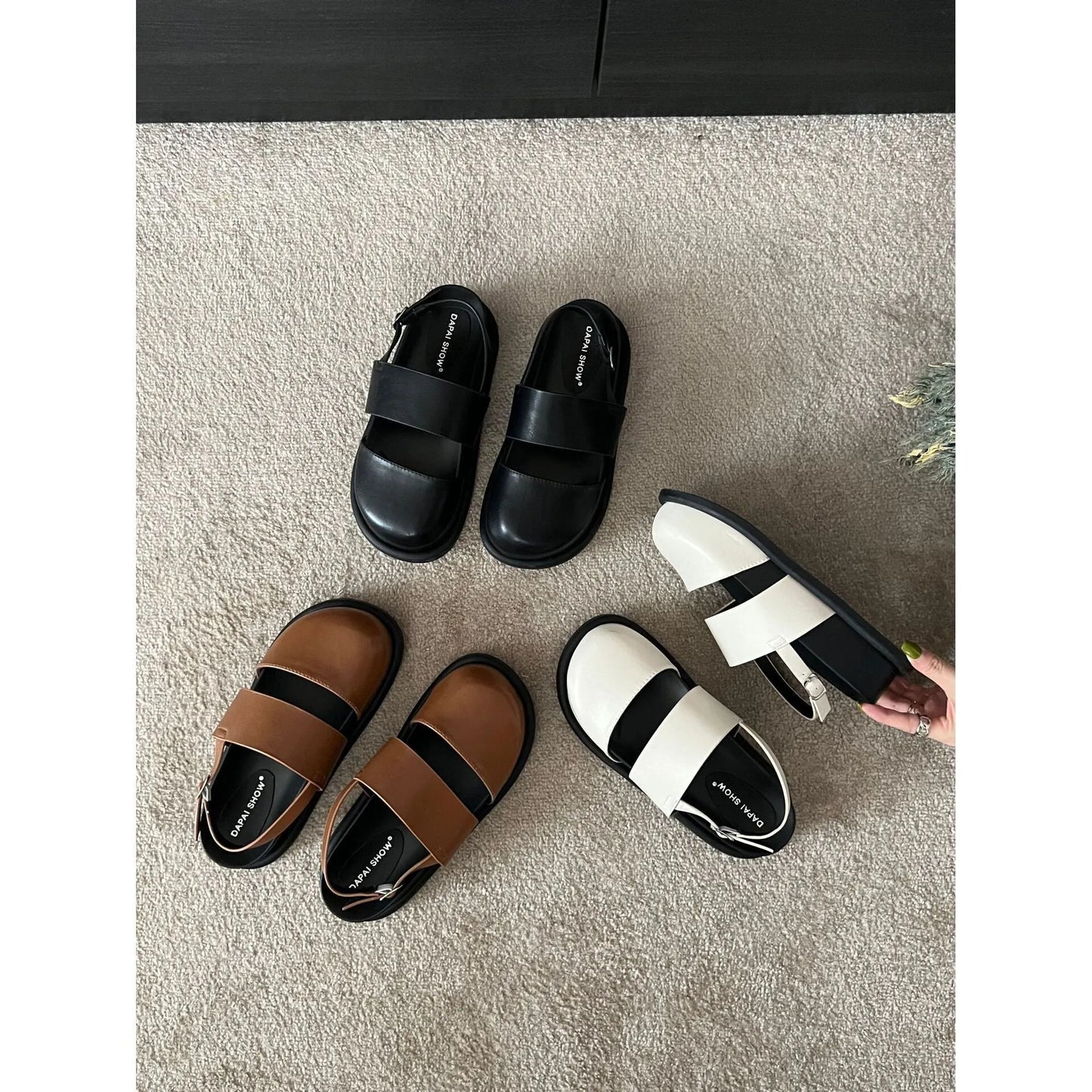 Retro Korean style closed toe sandals with ankle buckle in black, brown, and apricot colours
