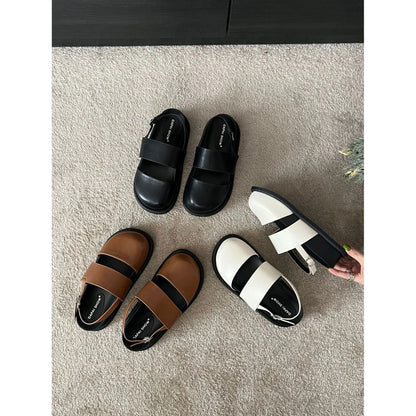 Retro Korean style closed toe sandals with ankle buckle in black, brown, and apricot colours