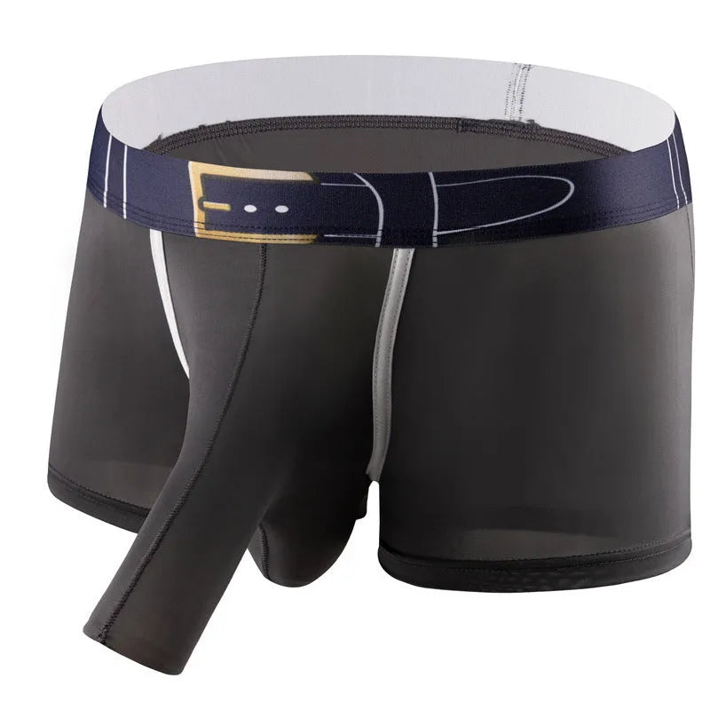 Men's solid colour Ice Silk boxers in black, shown laid flat, with a mid waist design.