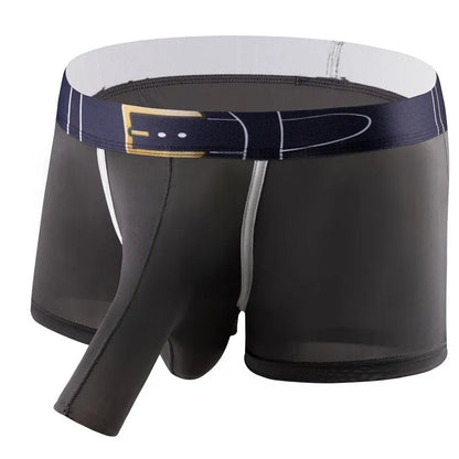 Men's solid colour Ice Silk boxers in black, shown laid flat, with a mid waist design.