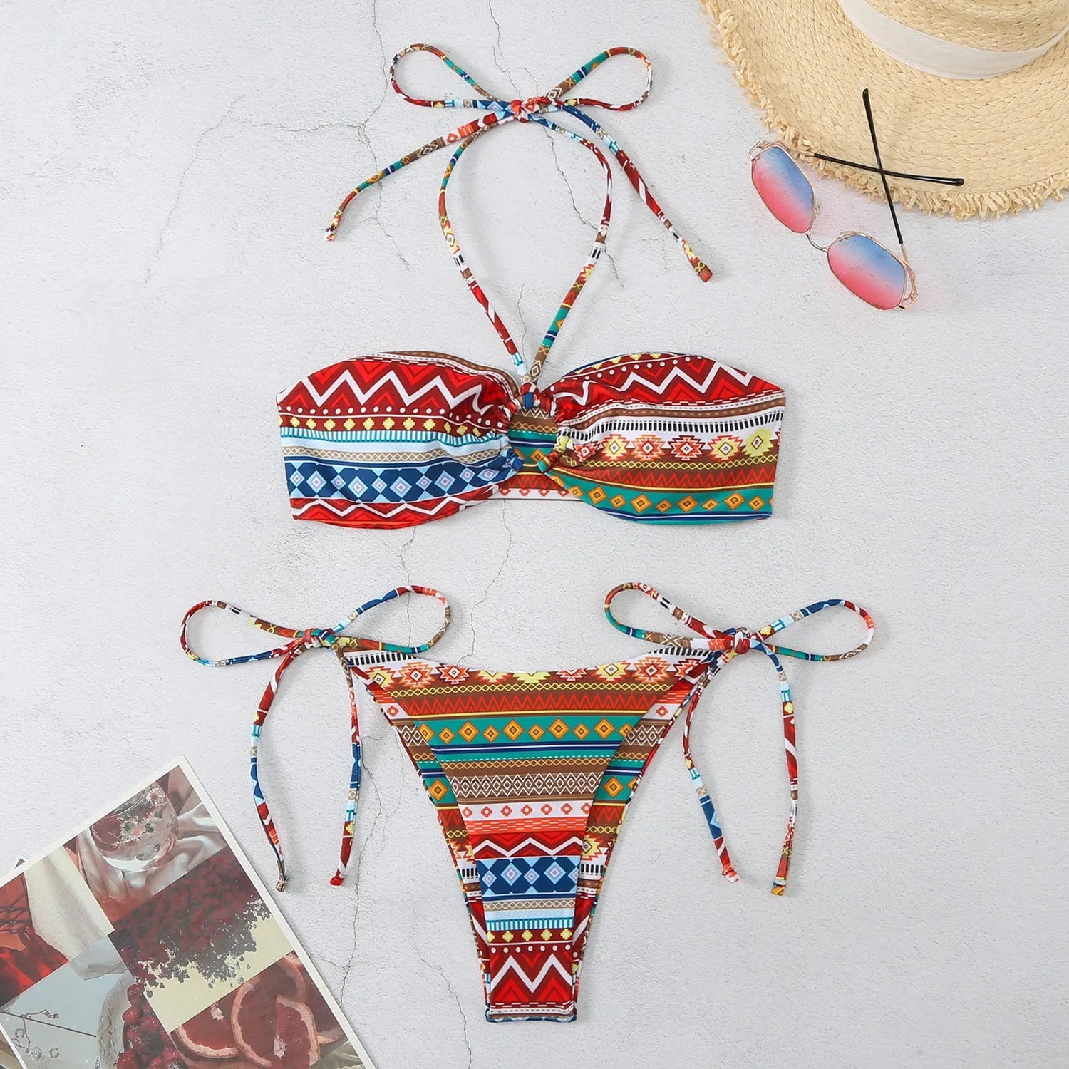Halter women's split bikini swimsuit in polyester fabric showing colour options and halter neckline design