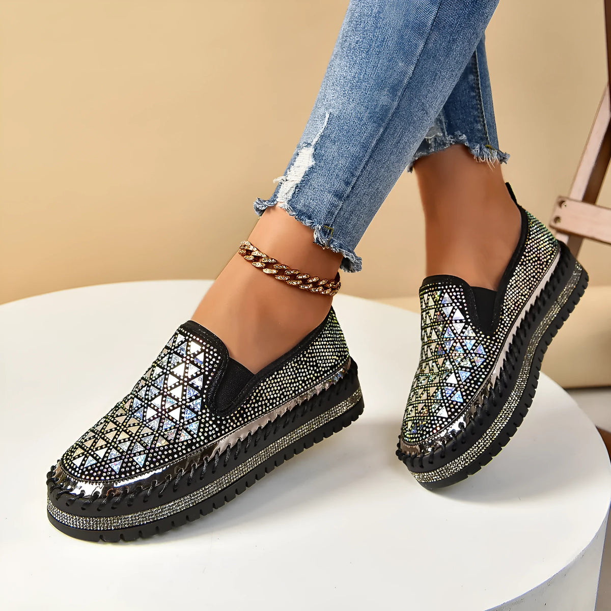 Women's casual suede flat sneakers with floral pattern and rhinestone sequin detail, low top, round toe, black beige or yellow