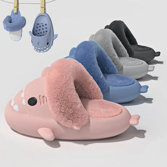 Cozy shark-inspired slippers with plush material and durable EVA soles for comfortable indoor and outdoor wear