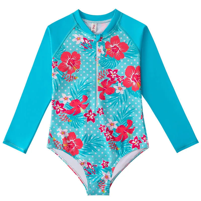 Girl's long-sleeve one-piece swimsuit in briefs style for swimming and wading