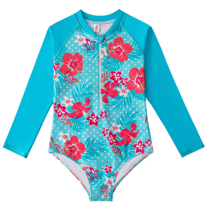 Girl's long-sleeve one-piece swimsuit in briefs style for swimming and wading